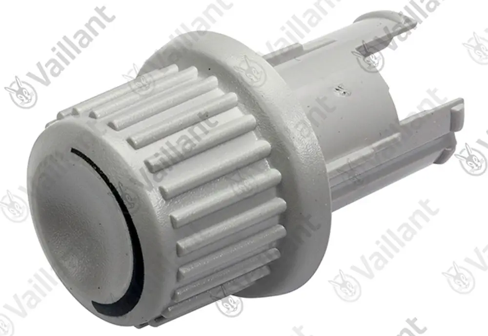 Vaillant Steuerknopf in grauer Farbe mit gerillter Oberfläche. Das Produkt hat einen runden Kopf und eine Rückseite mit Verbindungselementen.